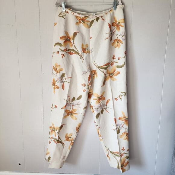 Annie Alexander Pants - Annie Alexander Floral Wide Leg Hise Rise Linen Pants 14 Cream Orange Trousers